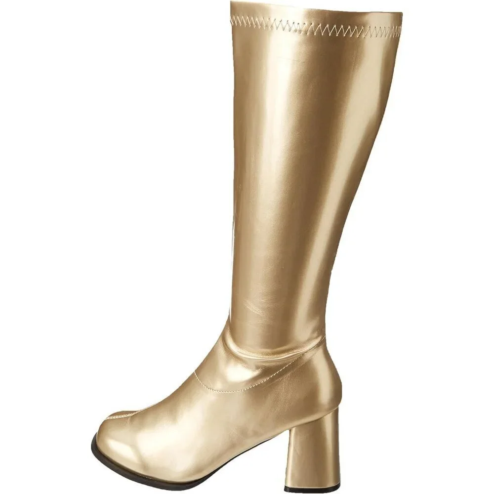 Women's Polyurethane Gold Gogo Knee High Peep-Toe Sling back Chunky Heels Boot